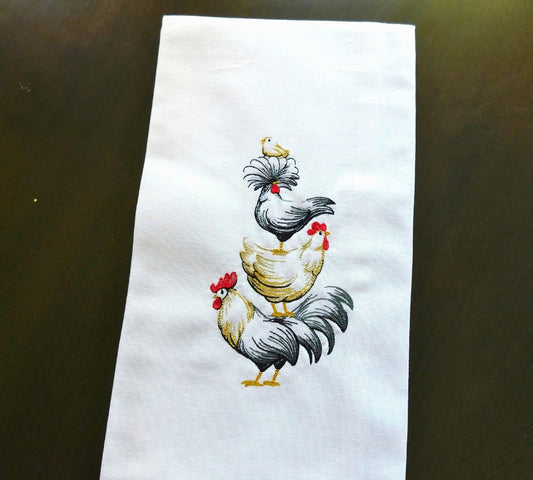 Tower of Chickens Handmade Embroidered Tea Towels