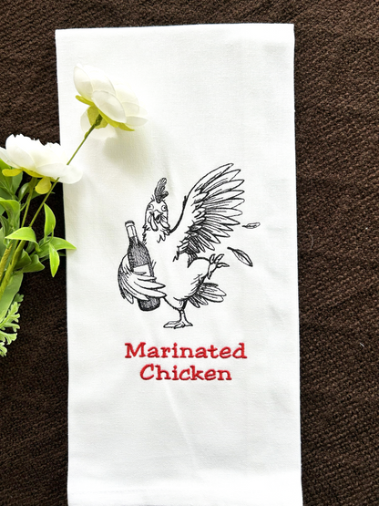 Marinated Chicken Handmade Embroidered Tea Towels | Funny Animal