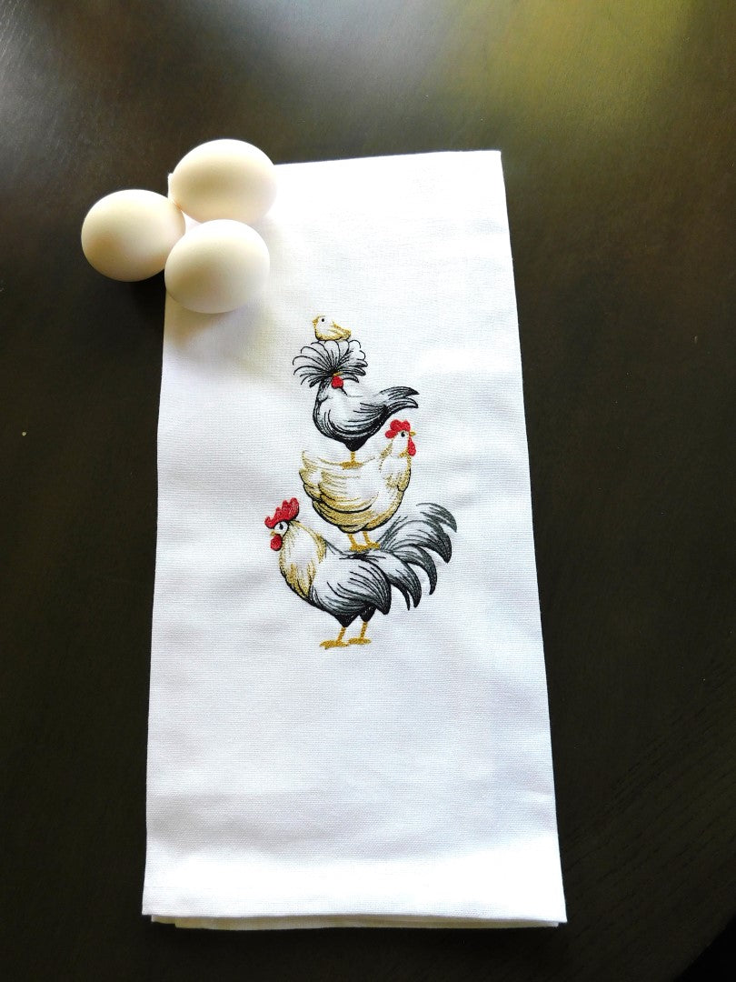 Tower of Chickens Handmade Embroidered Tea Towels
